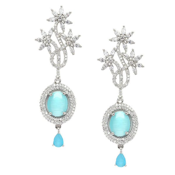 Rhodium-Plated Sky Blue American Diamond studded Contemporary Drop Earrings