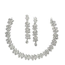 Rhodium-Plated White Cubic Zirconia Studded Leafy Shaped Necklace with Earrings Jewellery Set