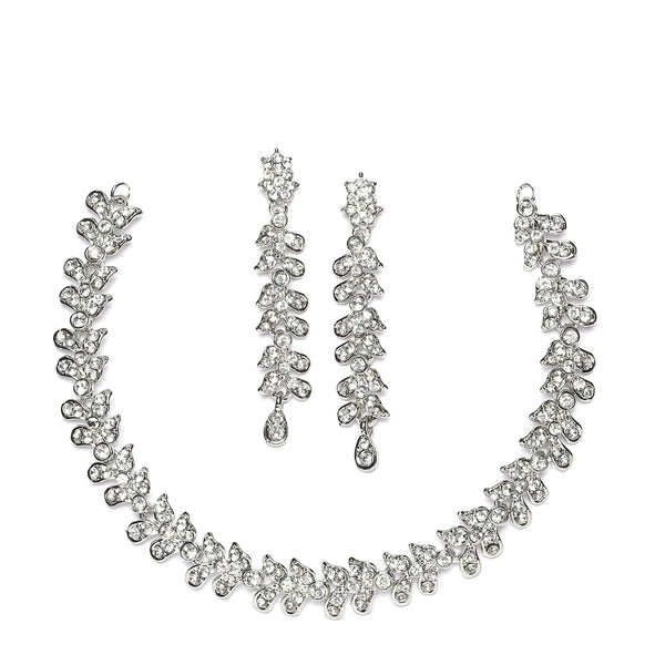 Rhodium-Plated White Cubic Zirconia Studded Leafy Shaped Necklace with Earrings Jewellery Set