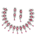 Rhodium-Plated Red American Diamonds Studded Teardrop & Cubical Necklace & Earrings Jewellery Set