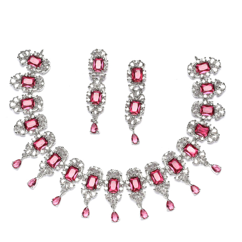 Rhodium-Plated Red American Diamonds Studded Teardrop & Cubical Necklace & Earrings Jewellery Set