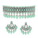 Silver-Plated Sea Green Cubic Zirconia Studded Necklace with Earrings Jewellery Set