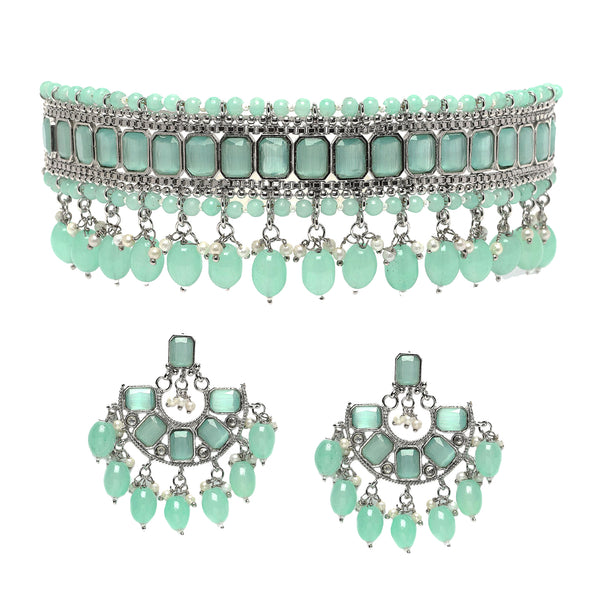 Silver-Plated Sea Green Cubic Zirconia Studded Necklace with Earrings Jewellery Set