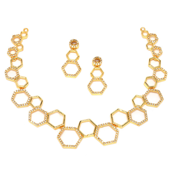 Gold-Plated White American Diamond Studded Hexagon Shaped Necklace with Earrings Jewellery Set