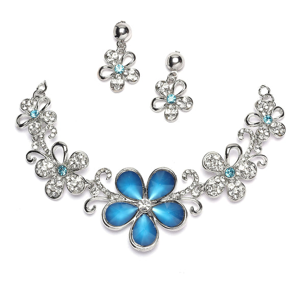 Rhodium-Plated Blue American Diamonds Studded Floweret Necklace & Earrings Jewellery Set