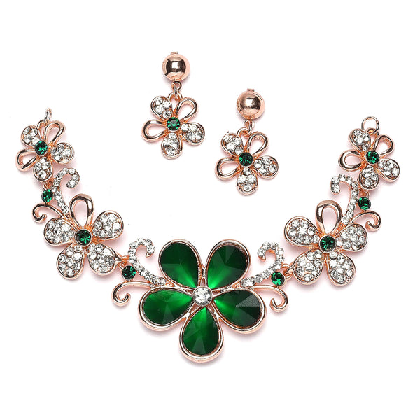 Rose Gold-Plated Green American Diamonds Studded Floweret Necklace & Earrings Jewellery Set