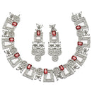 Rhodium-Plated Red & White American Diamonds Studded Squarish Shaped Necklace & Earrings Jewellery Set