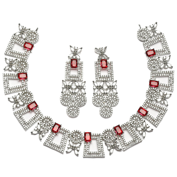 Rhodium-Plated Red & White American Diamonds Studded Squarish Shaped Necklace & Earrings Jewellery Set