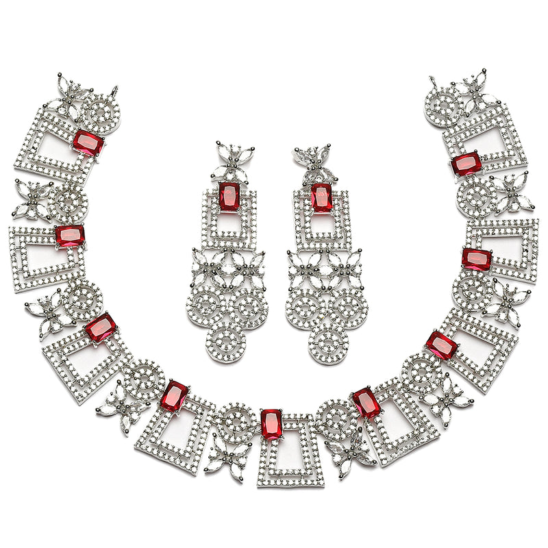 Rhodium-Plated Red & White American Diamonds Studded Squarish Shaped Necklace & Earrings Jewellery Set
