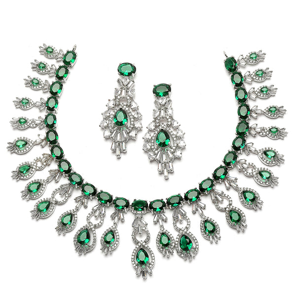 Rhodium-Plated Green American Diamond Studded Oval & Teardrop Shaped Necklace & Earrings Jewellery Set