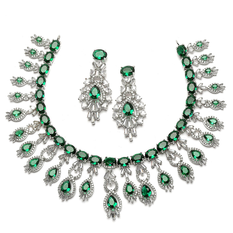 Rhodium-Plated Green American Diamond Studded Oval & Teardrop Shaped Necklace & Earrings Jewellery Set