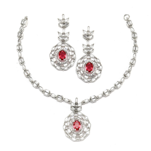 Rhodium-Plated Silver Tone Square Red American Diamond Studded Necklace Earring Jewellery Set