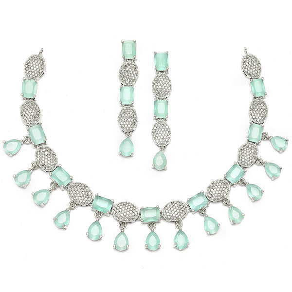 Rhodium-Plated Sea Green American Diamond Studded Intriguing Necklace & Earrings Jewellery Set