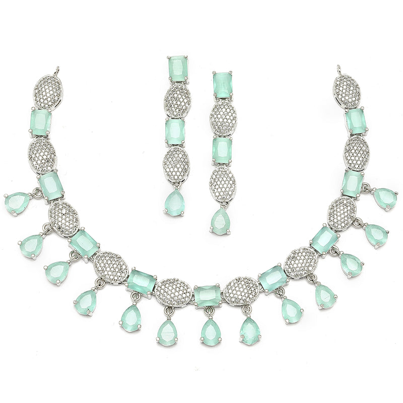 Rhodium-Plated Sea Green American Diamond Studded Intriguing Necklace & Earrings Jewellery Set