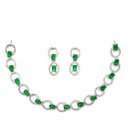 Rhodium-Plated Green American Diamond Studded Disc-Shaped Necklace & Earrings Jewellery Set