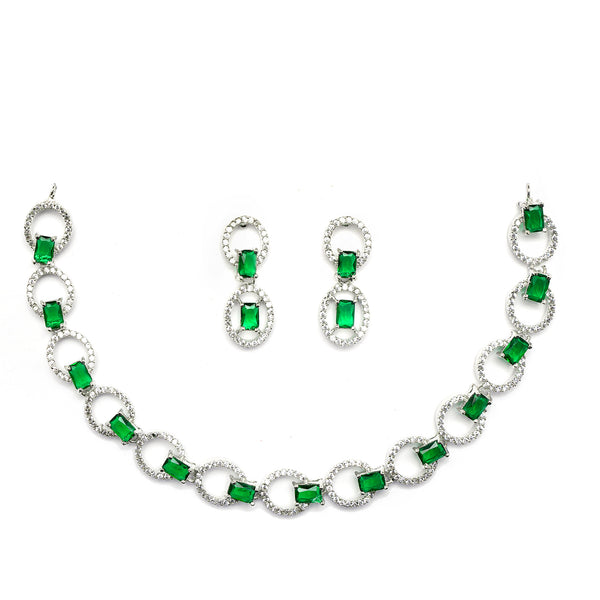Rhodium-Plated Green American Diamond Studded Disc-Shaped Necklace & Earrings Jewellery Set