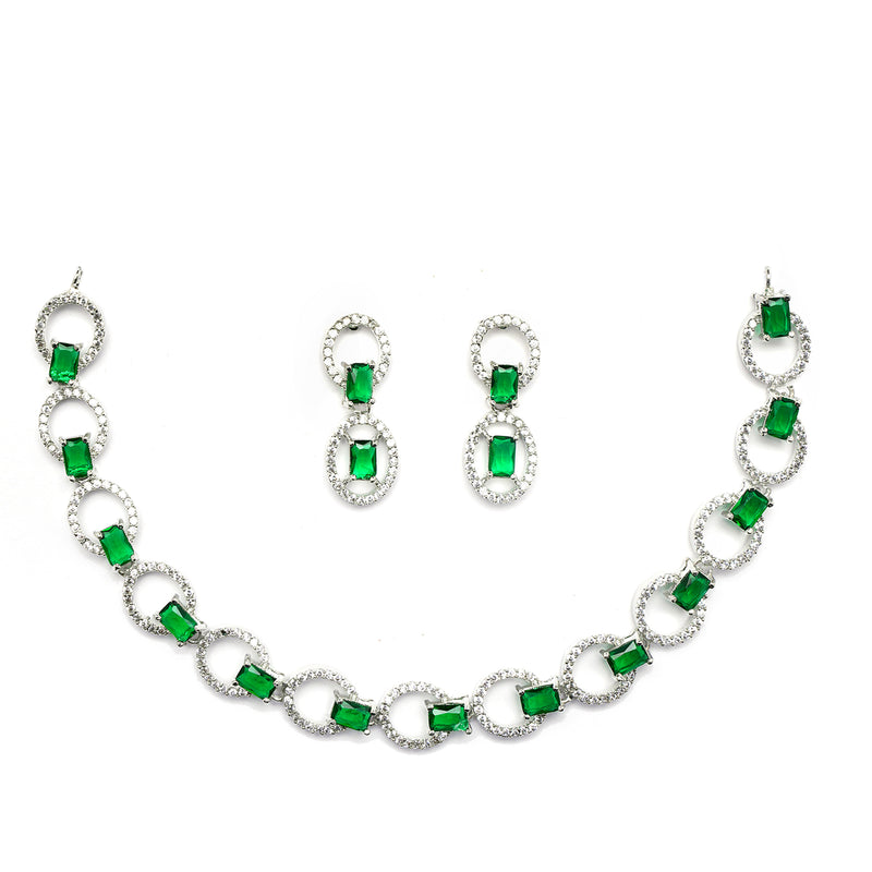 Rhodium-Plated Green American Diamond Studded Disc-Shaped Necklace & Earrings Jewellery Set