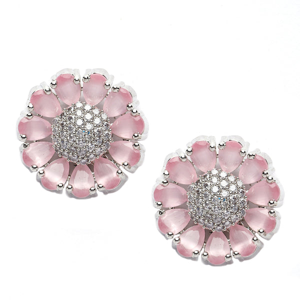 Rhodium-Plated Pink American Diamond studded Floral Handcrafted Stud Earrings
