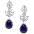 Rhodium-Plated Navy Blue American Diamond studded Teardrop & Leaf Shaped Drop Earrings