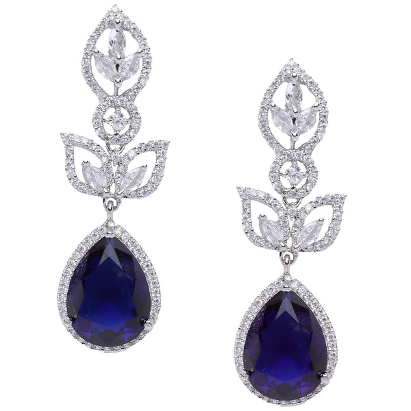 Rhodium-Plated Navy Blue American Diamond studded Teardrop & Leaf Shaped Drop Earrings