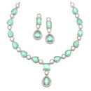 Rhodium-Plated Sea Green American Diamond Studded Fashionable Necklace & Earrings Jewellery Set