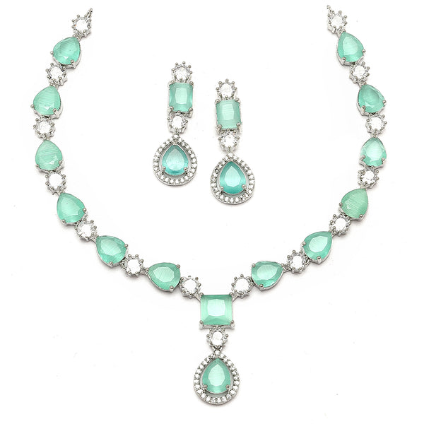Rhodium-Plated Sea Green American Diamond Studded Fashionable Necklace & Earrings Jewellery Set