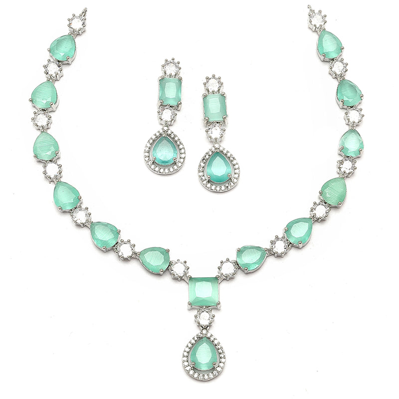 Rhodium-Plated Sea Green American Diamond Studded Fashionable Necklace & Earrings Jewellery Set