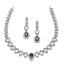 Rhodium-Plated Green American Diamonds Studded Spheroid Necklace & Earrings Jewellery Set