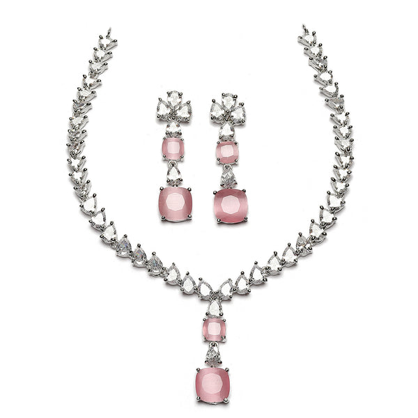 Rhodium-Plated Pink Square American Diamonds Studded Pendulous Necklace & Earrings Jewellery Set