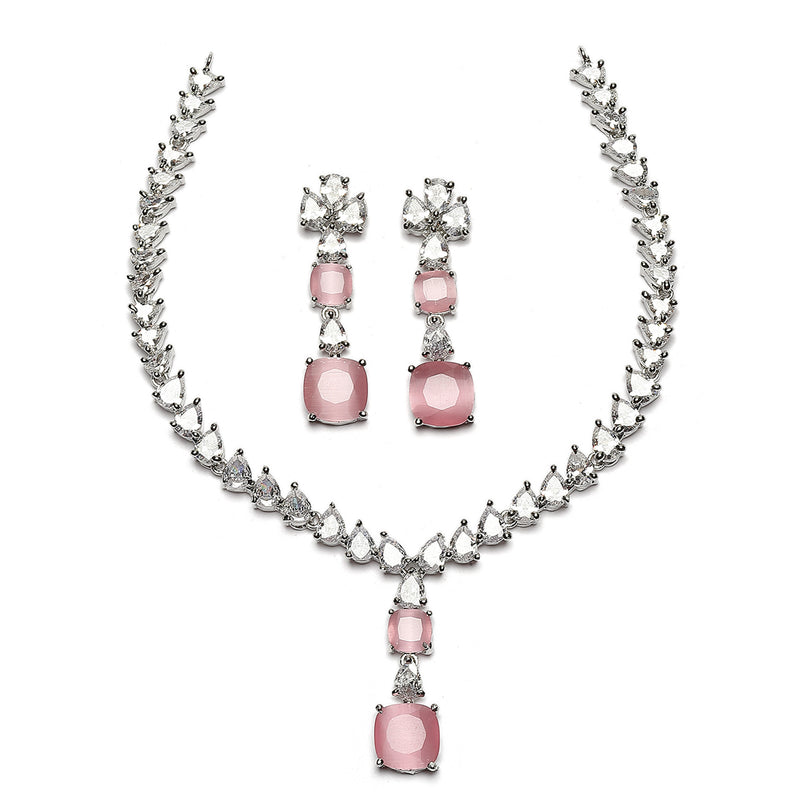Rhodium-Plated Pink Square American Diamonds Studded Pendulous Necklace & Earrings Jewellery Set