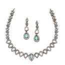 Rose Gold-Plated Gunmetal Toned Sea Green American Diamonds Studded Spheroid Necklace & Earrings Jewellery Set