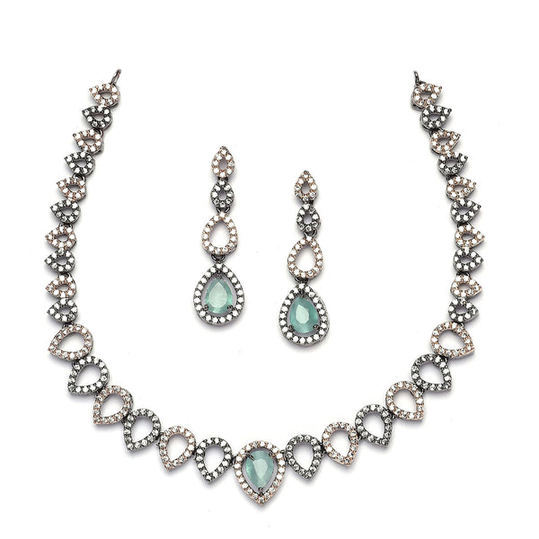 Rose Gold-Plated Gunmetal Toned Sea Green American Diamonds Studded Spheroid Necklace & Earrings Jewellery Set
