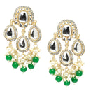 Gold-Plated Kundan & Green Pearls studded Teardrop Shaped Mirror Drop Earrings