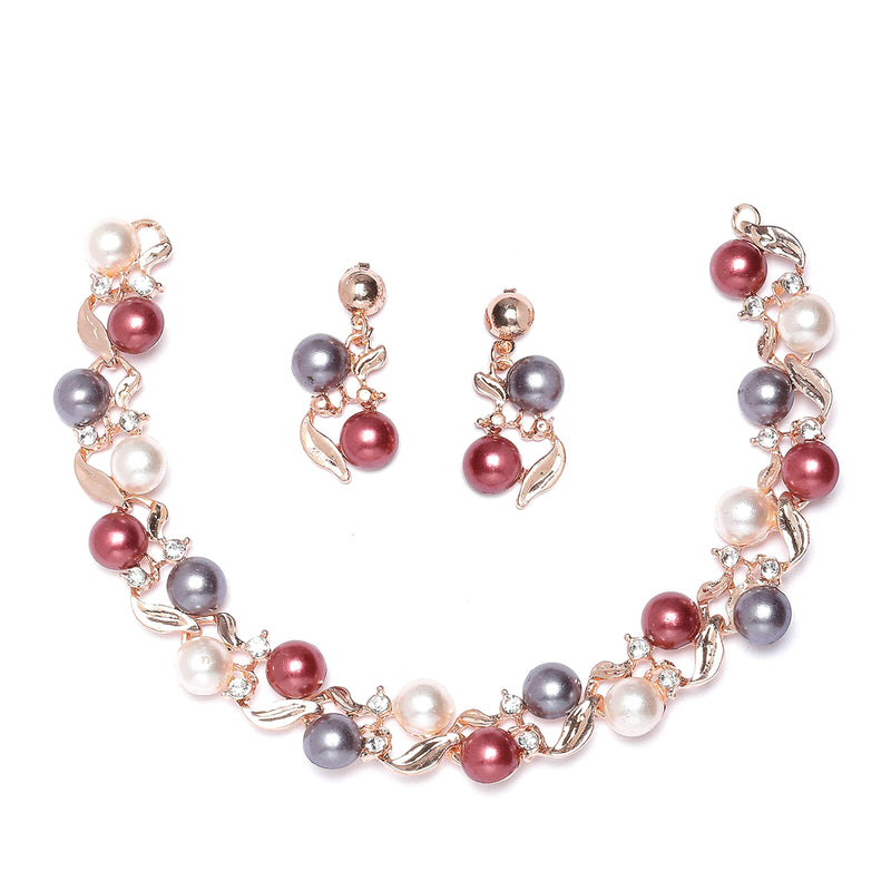 Rose Gold-Plated Red & White Artificial Stones Studded Leafy Shaped Necklace with Earrings Jewellery Set