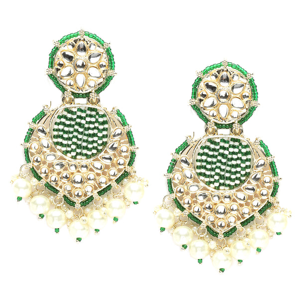 Gold-Plated Green Beads White Pearls & Kundan studded Handcrafted Crescent Shaped Drop Earrings