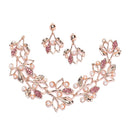 Rose Gold-Plated Pink Cubic Zirconia & White Pearls Studded Leaf Shaped Necklace with Earrings