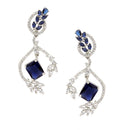 Rhodium-Plated Navy Blue American Diamond studded Square & Leaf Shaped Drop Earrings