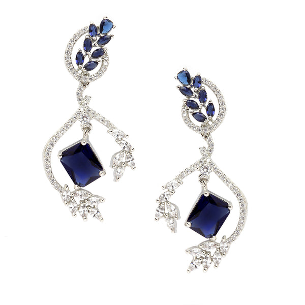 Rhodium-Plated Navy Blue American Diamond studded Square & Leaf Shaped Drop Earrings