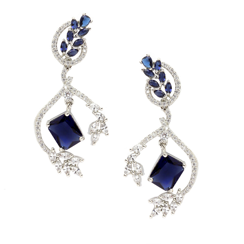 Rhodium-Plated Navy Blue American Diamond studded Square & Leaf Shaped Drop Earrings
