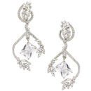 Rhodium-Plated White American Diamond studded Square & Leaf Shaped Drop Earrings
