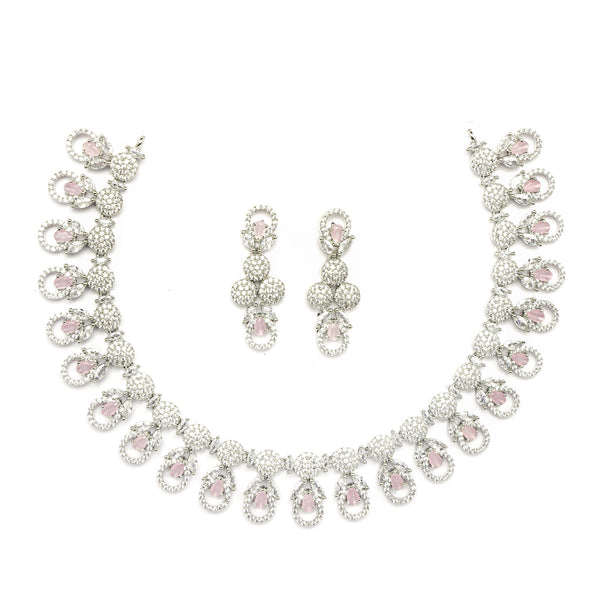 Rhodium-Plated Pink American Diamonds Studded Voguish Necklace & Earrings Jewellery Set