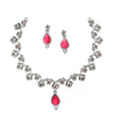Silver-Plated Pink Cubic Zirconia Studded Teardrop Shaped Necklace with Earrings Jewellery Set