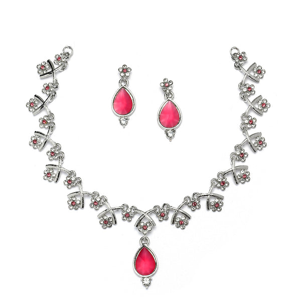 Silver-Plated Pink Cubic Zirconia Studded Teardrop Shaped Necklace with Earrings Jewellery Set