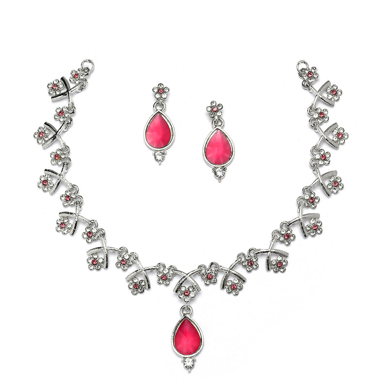 Silver-Plated Pink Cubic Zirconia Studded Teardrop Shaped Necklace with Earrings Jewellery Set