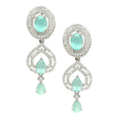 Rhodium-Plated Sea Green American Diamond studded Handcrafted Oval & Teardrop Shaped Drop Earrings