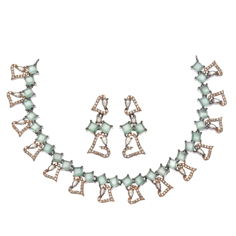 Rose Gold-Plated Gunmetal Toned Sea Green American Diamonds Studded Cordate Necklace & Earrings