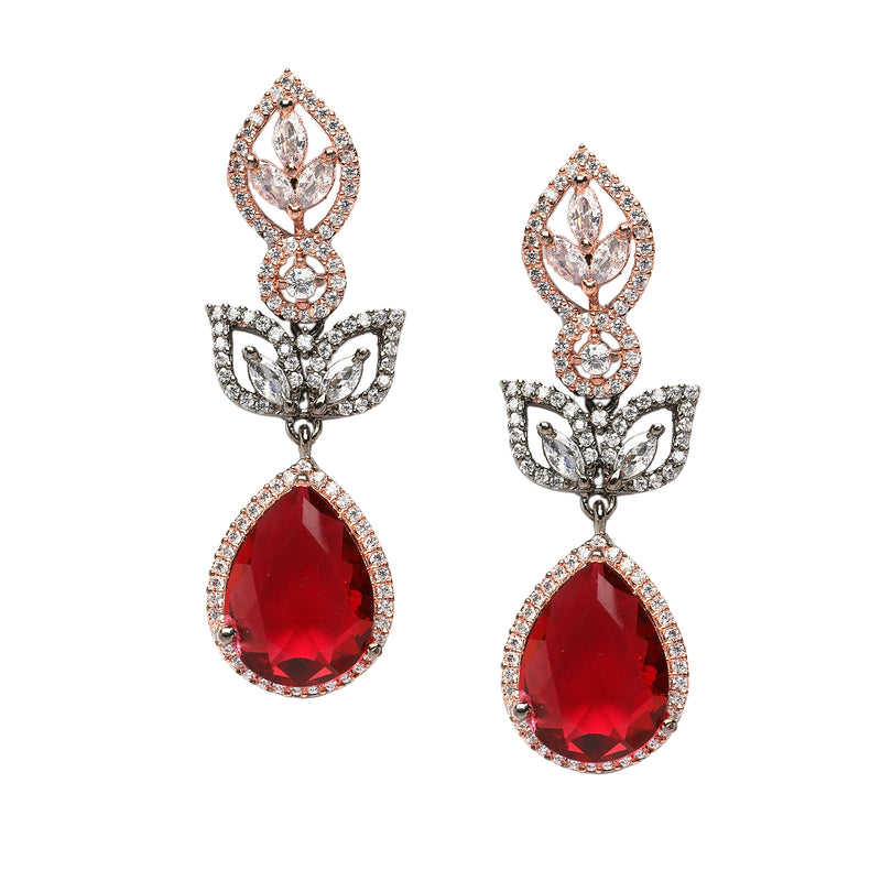 Rose Gold-Plated Gunmetal Toned Red American Diamond studded Teardrop & Leaf Shaped Drop Earrings