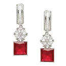 Rhodium-Plated Red American Diamond studded Square & Floral Shaped Drop Earrings