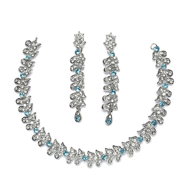 Rhodium-Plated Blue Cubic Zirconia Studded Leafy Shaped Necklace with Earrings Jewellery Set