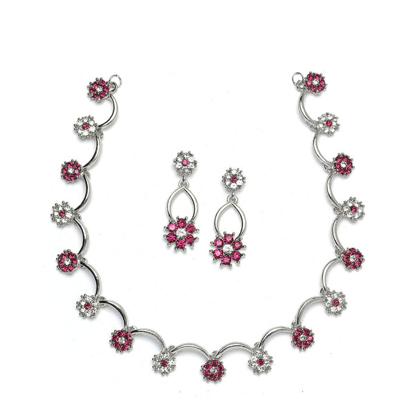 Silver-Plated Pink & White Cubic Zirconia Studded Flower Shaped Necklace with Earrings Jewellery Set